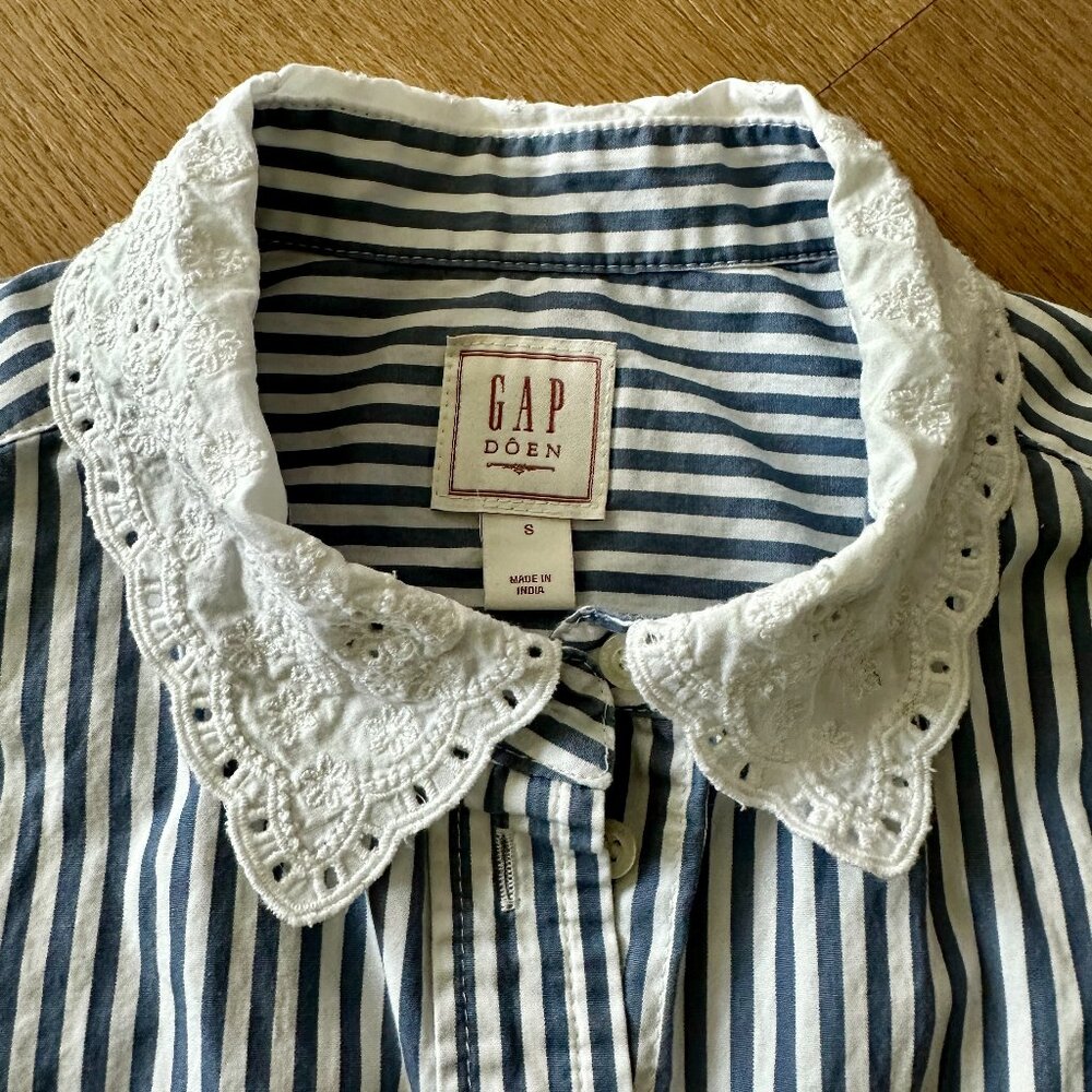 Striped Blue Button-Down Shirt with Eyelet Collar - Picture 7 of 8